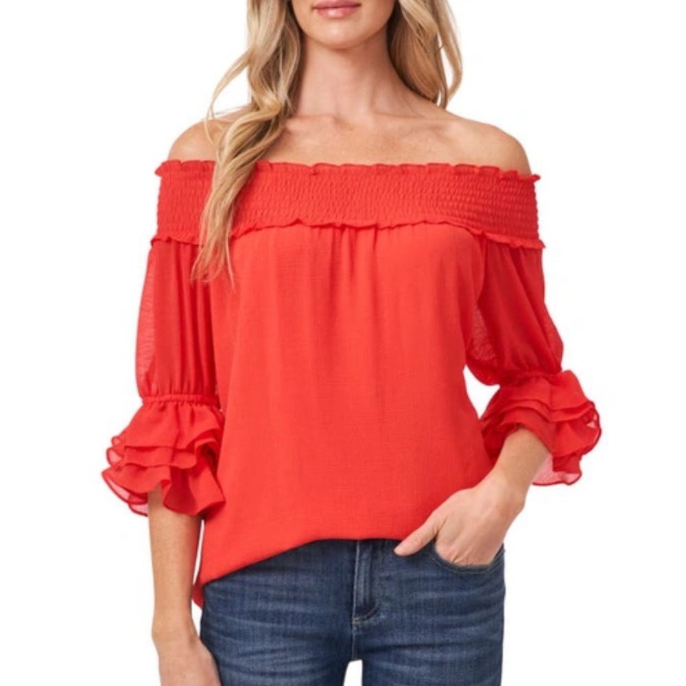 CeCe Smocked Off The Shoulder Top in Sunset Coral Ruffle Sleeve Blouse Size XS